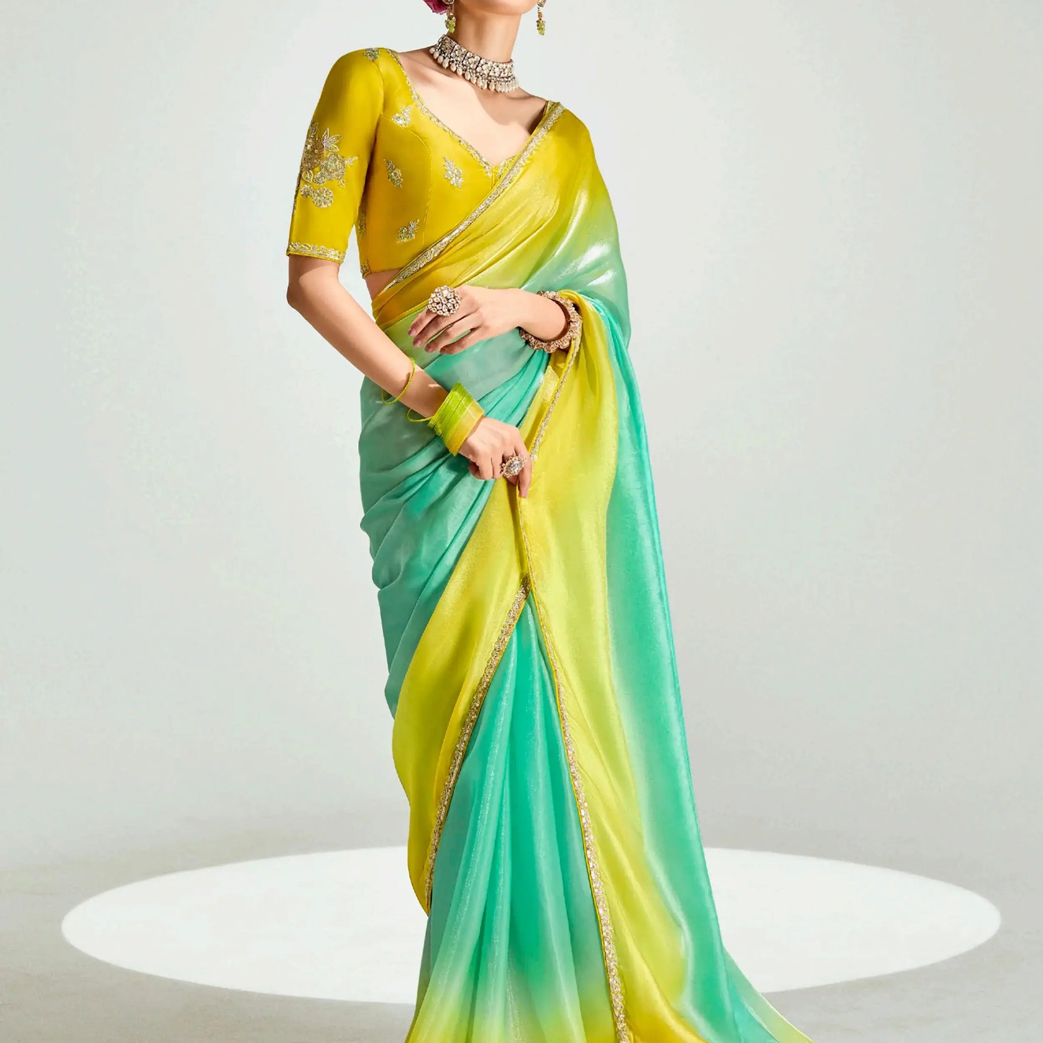 Splendid Green Sequins Border Work Organza Mehendi Wear Saree - Zeel Clothing