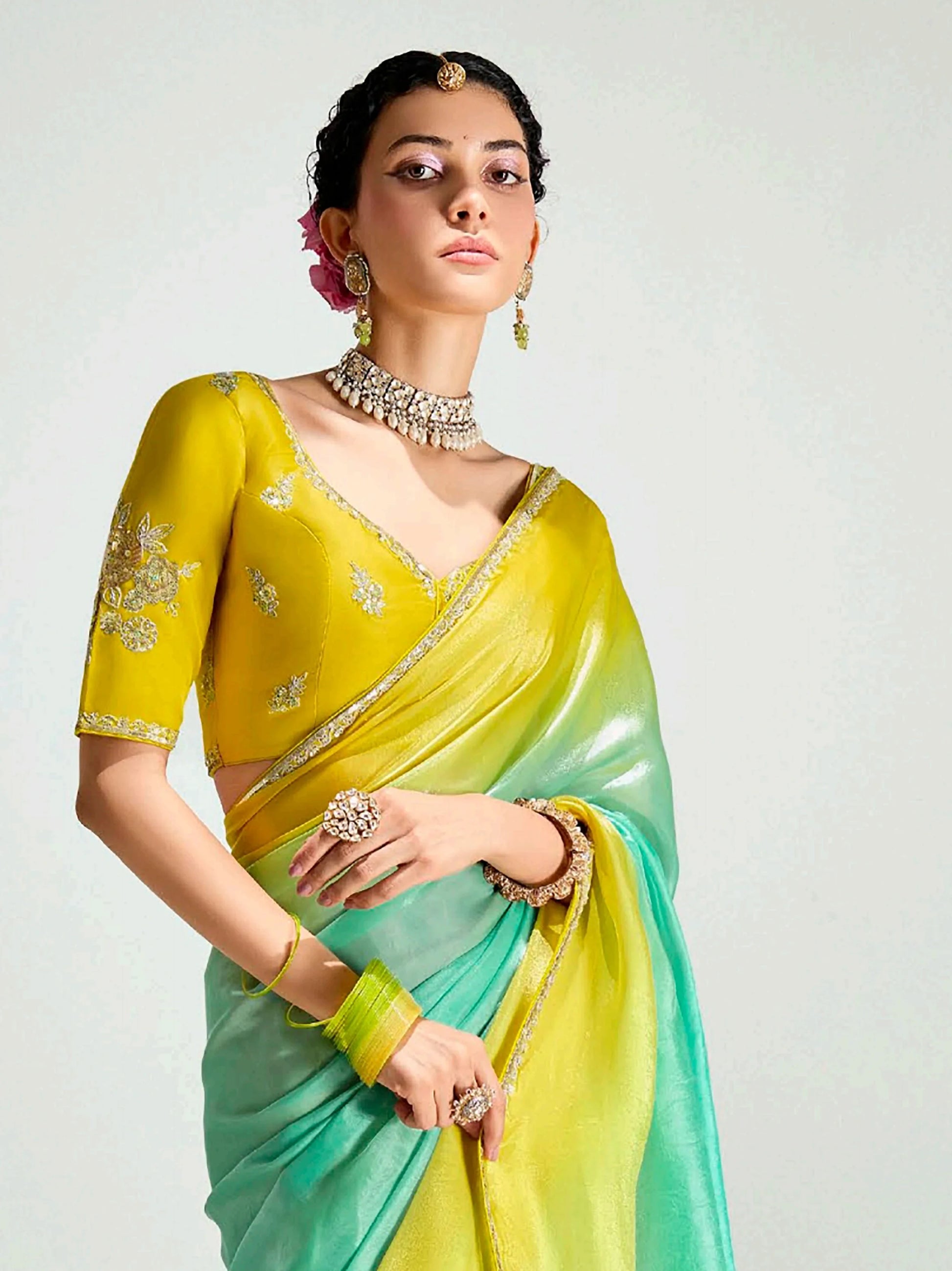 Splendid Green Sequins Border Work Organza Mehendi Wear Saree - Zeel Clothing