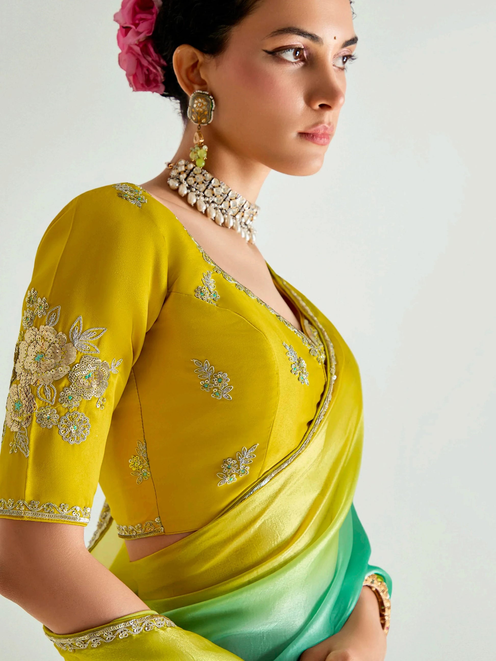 Splendid Green Sequins Border Work Organza Mehendi Wear Saree - Zeel Clothing