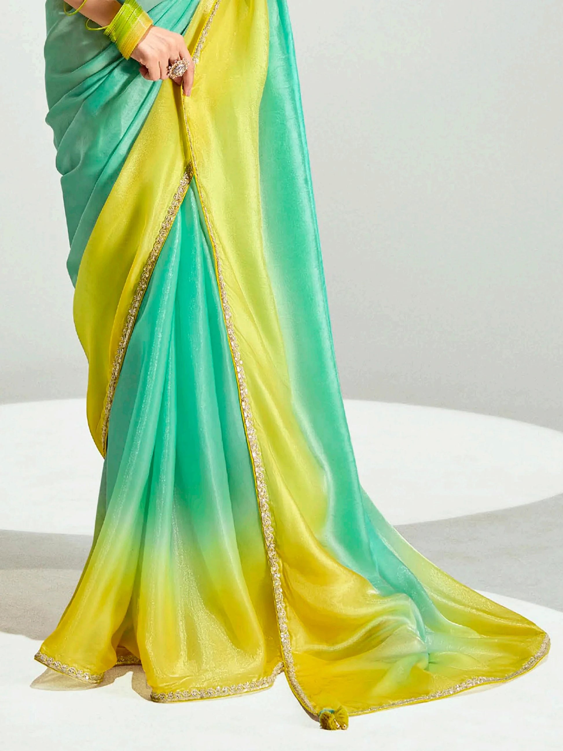 Splendid Green Sequins Border Work Organza Mehendi Wear Saree - Zeel Clothing