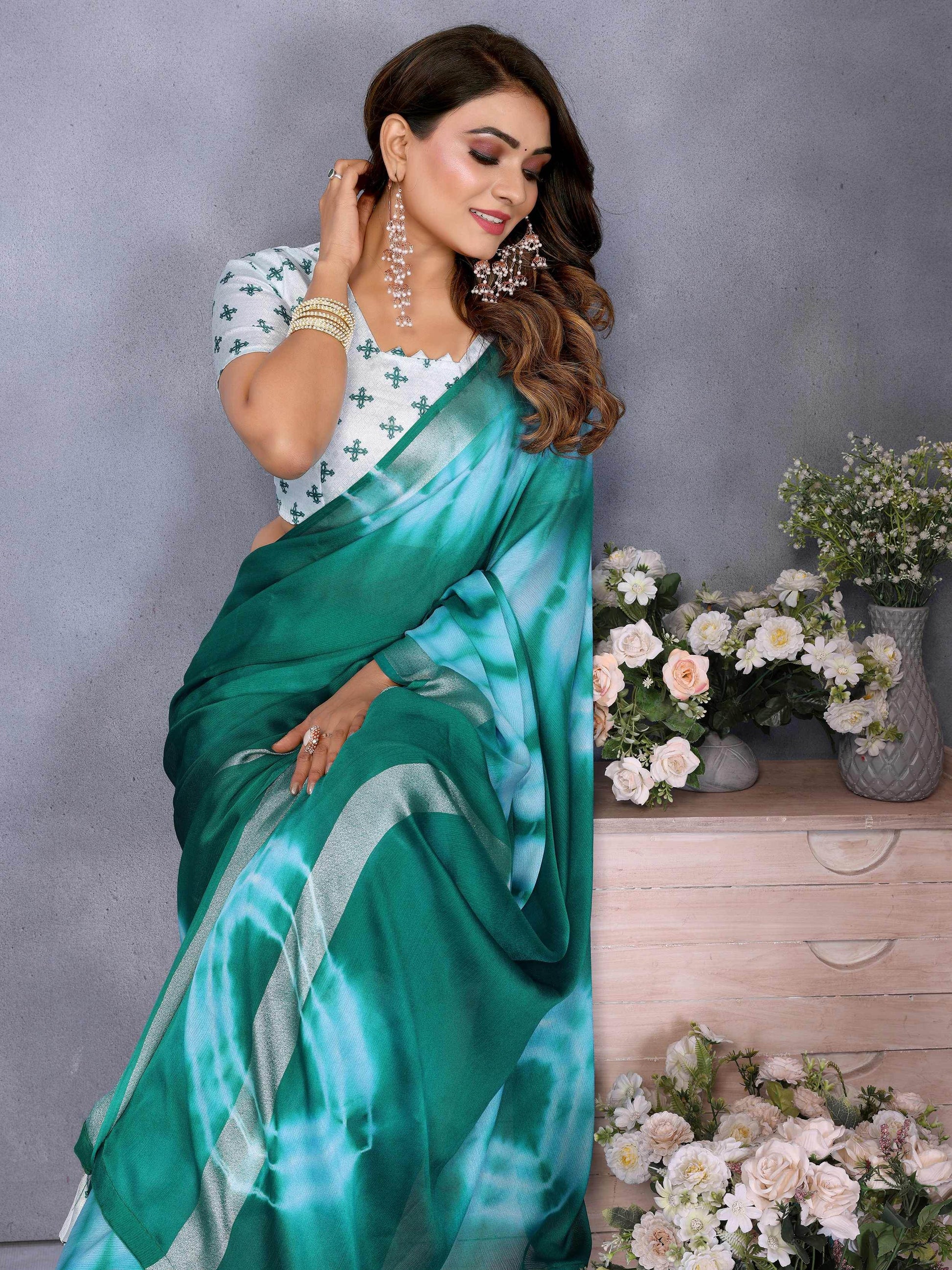 Splendid Green Shibori Print Chiffon Traditional Saree With Blouse - Zeel Clothing
