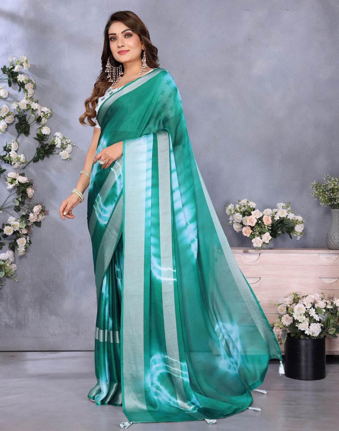 Splendid Green Shibori Print Chiffon Traditional Saree With Blouse - Zeel Clothing