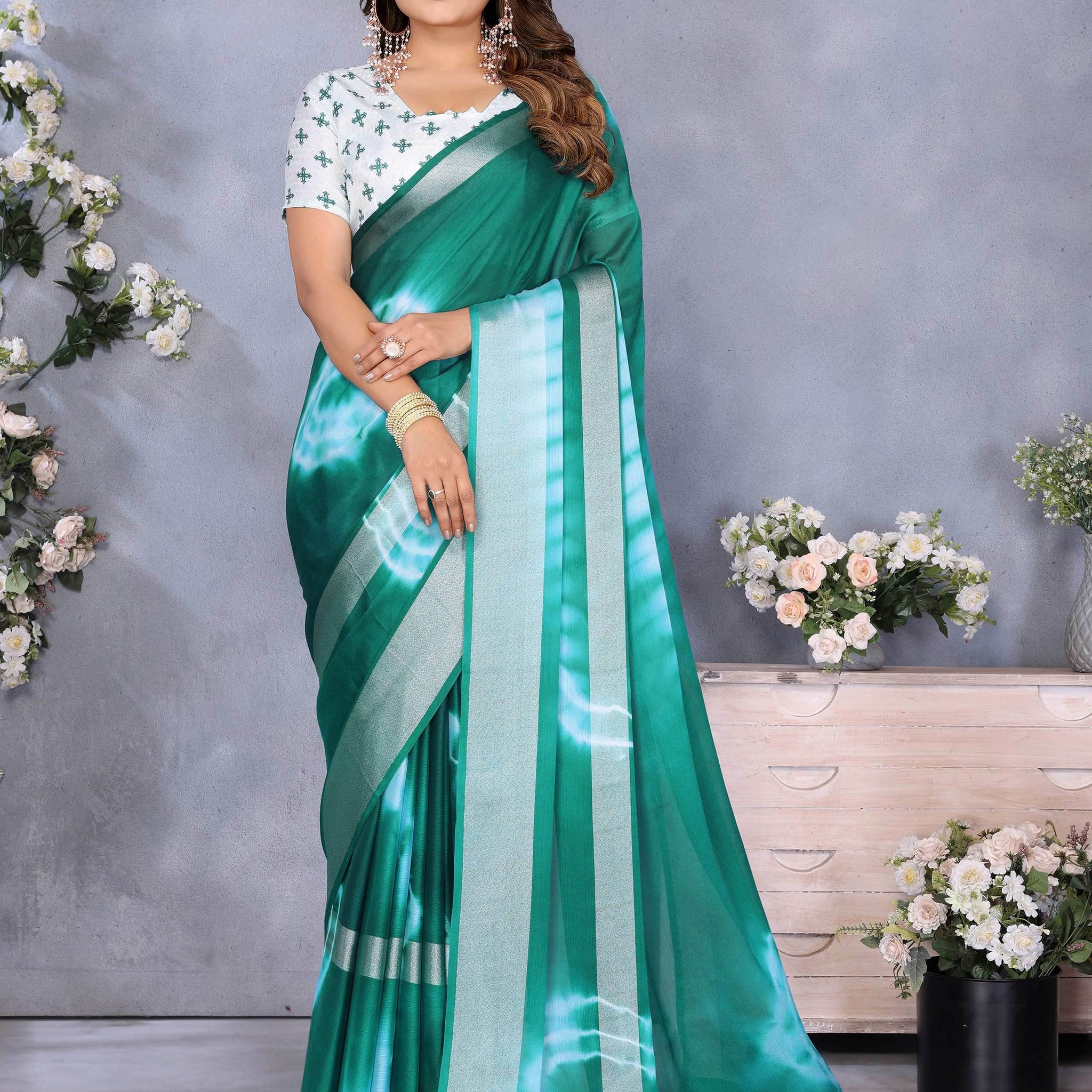 Splendid Green Shibori Print Chiffon Traditional Saree With Blouse - Zeel Clothing