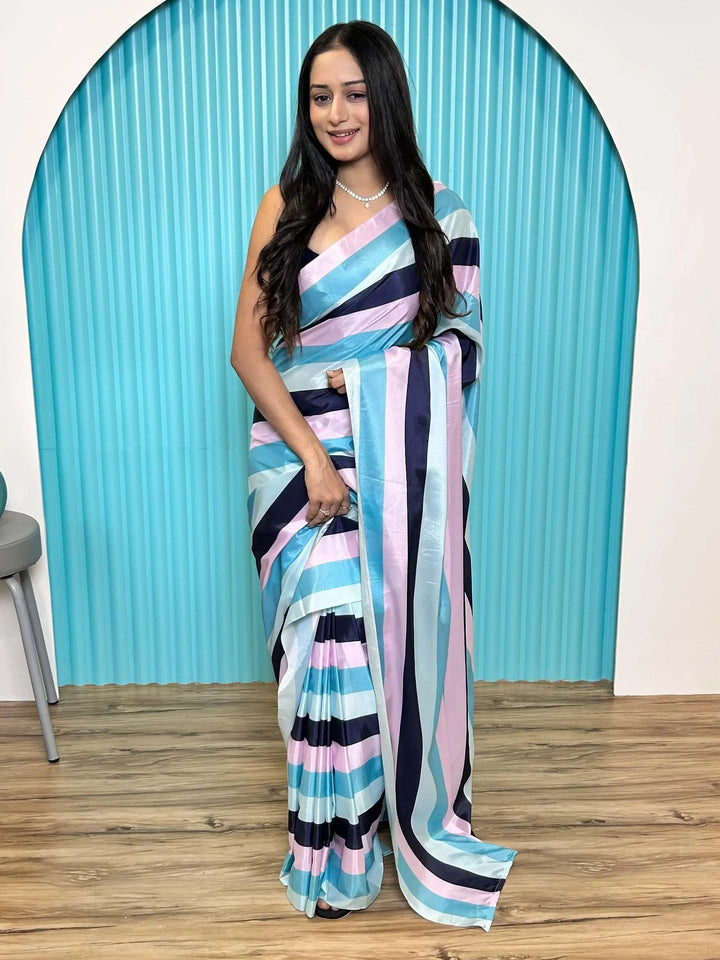 Splendid Multi-Color Digital Printed Satin Saree With Blouse