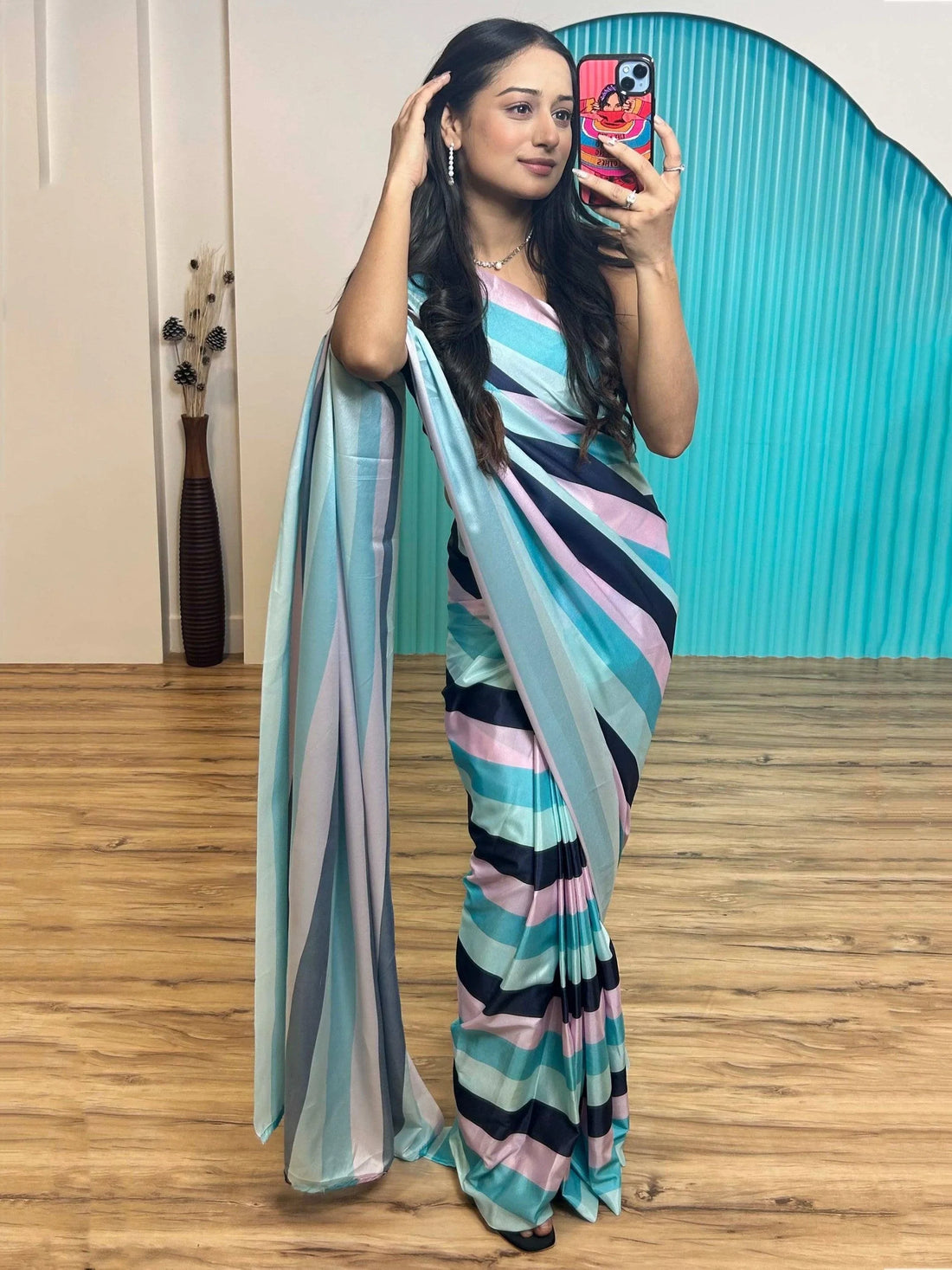 Splendid Multi-Color Digital Printed Satin Saree With Blouse