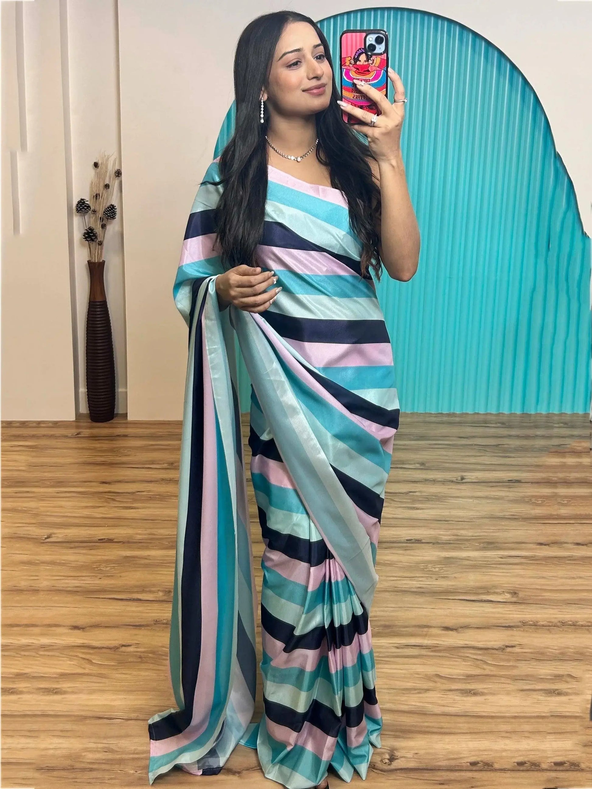Splendid Multi-Color Digital Printed Satin Saree With Blouse - Zeel Clothing