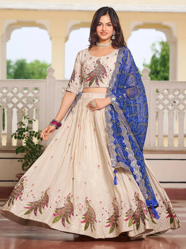 Splendid Off-White Sequins Tissue Silk Wedding Lehenga Choli With Blue Dupatta - Zeel Clothing