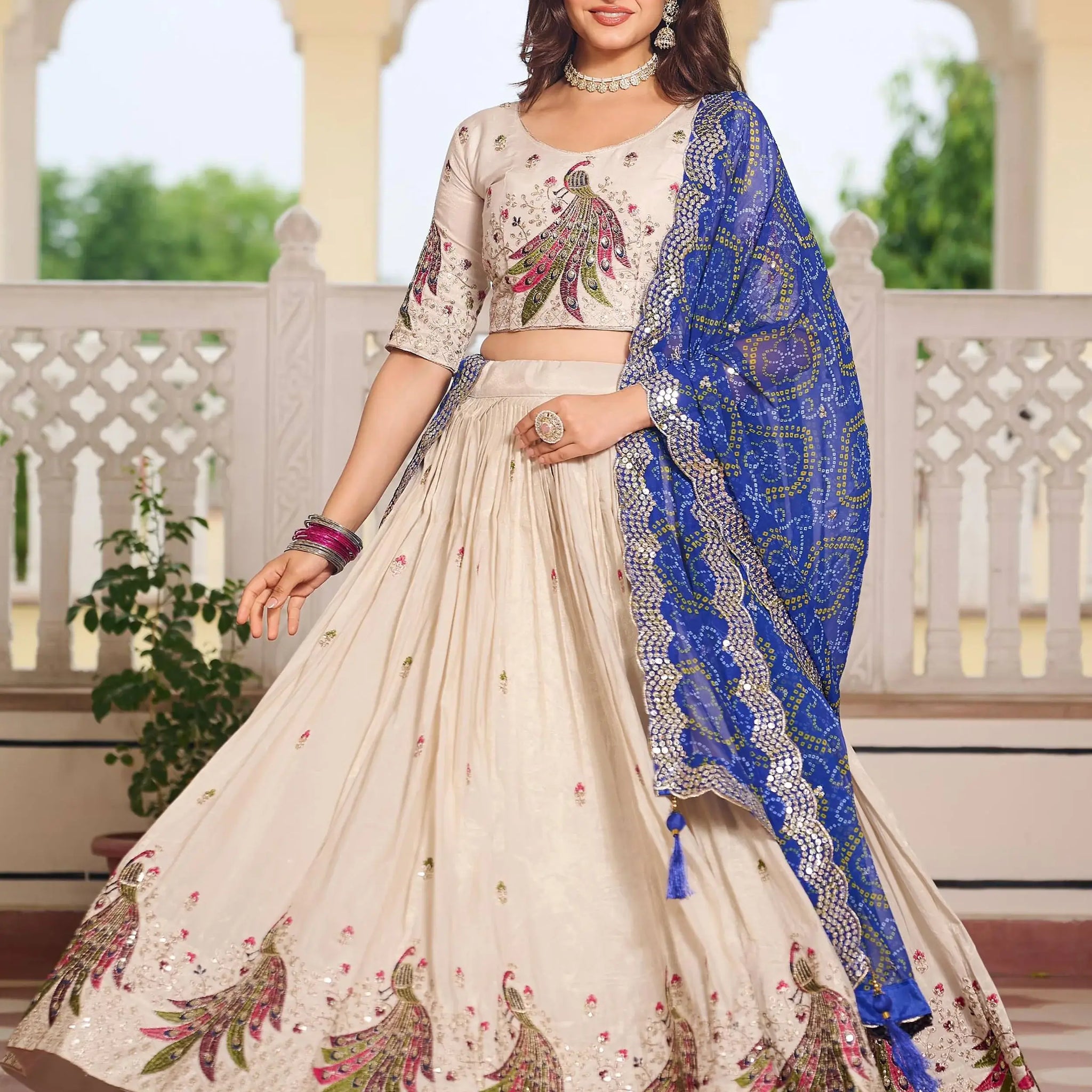 Splendid Off-White Sequins Tissue Silk Wedding Lehenga Choli With Blue Dupatta - Zeel Clothing