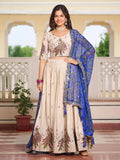 Splendid Off-White Sequins Tissue Silk Wedding Lehenga Choli With Blue Dupatta - Zeel Clothing