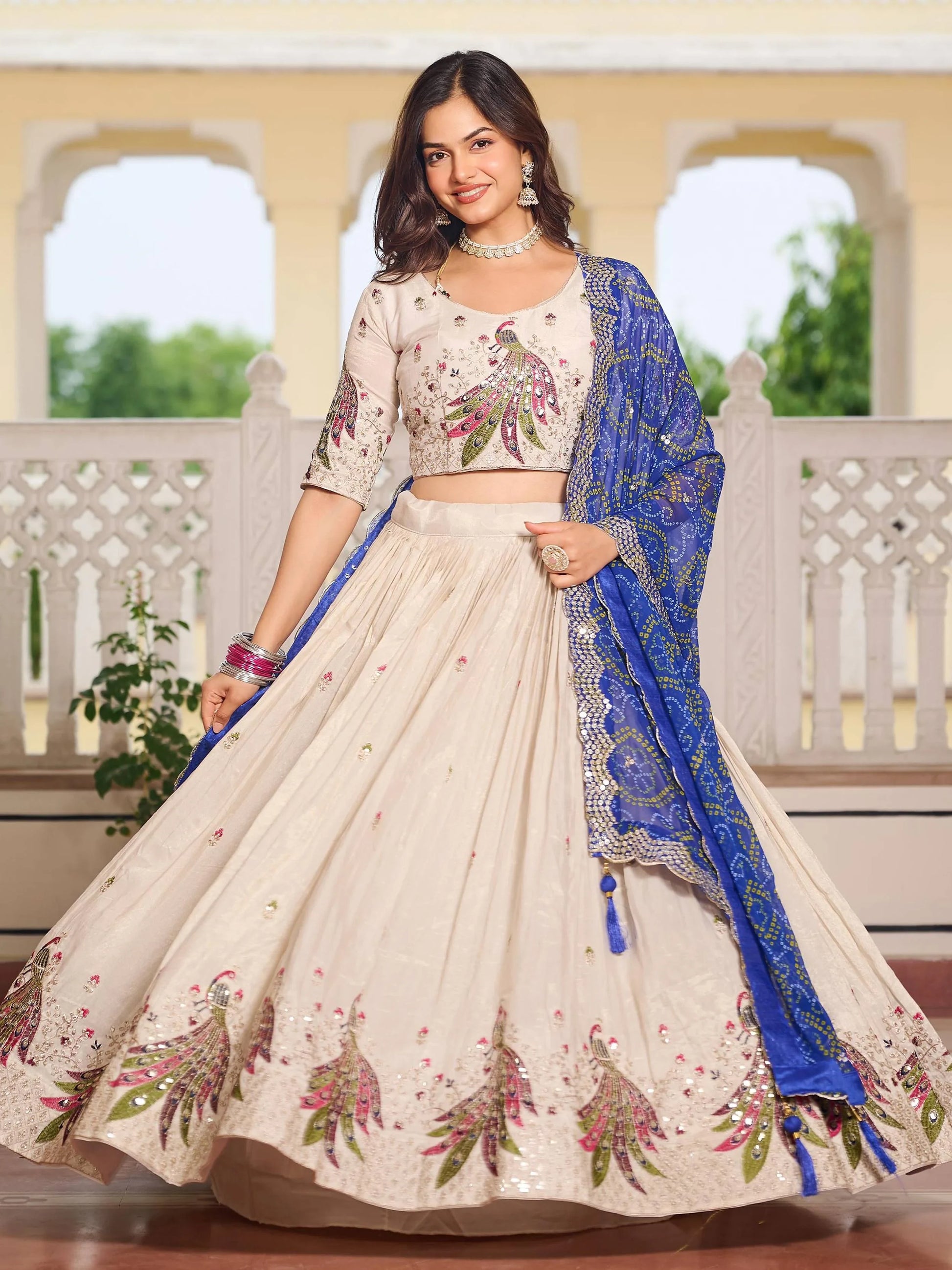 Splendid Off-White Sequins Tissue Silk Wedding Lehenga Choli With Blue Dupatta - Zeel Clothing
