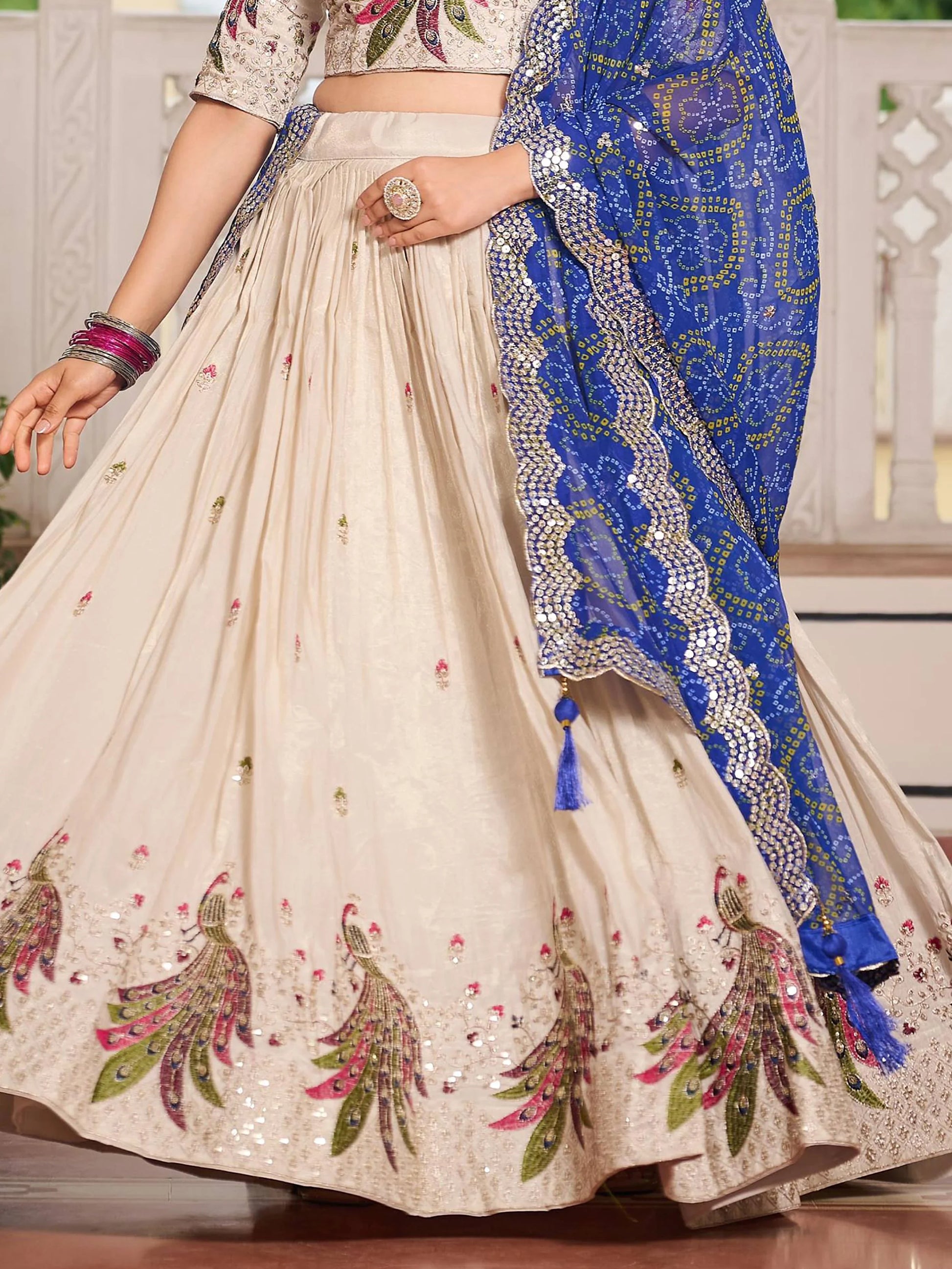 Splendid Off-White Sequins Tissue Silk Wedding Lehenga Choli With Blue Dupatta - Zeel Clothing