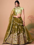 Splendid Olive Green Mirror Work Net Lehenga Choli With Dupatta - Zeel Clothing