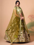 Splendid Olive Green Mirror Work Net Lehenga Choli With Dupatta - Zeel Clothing