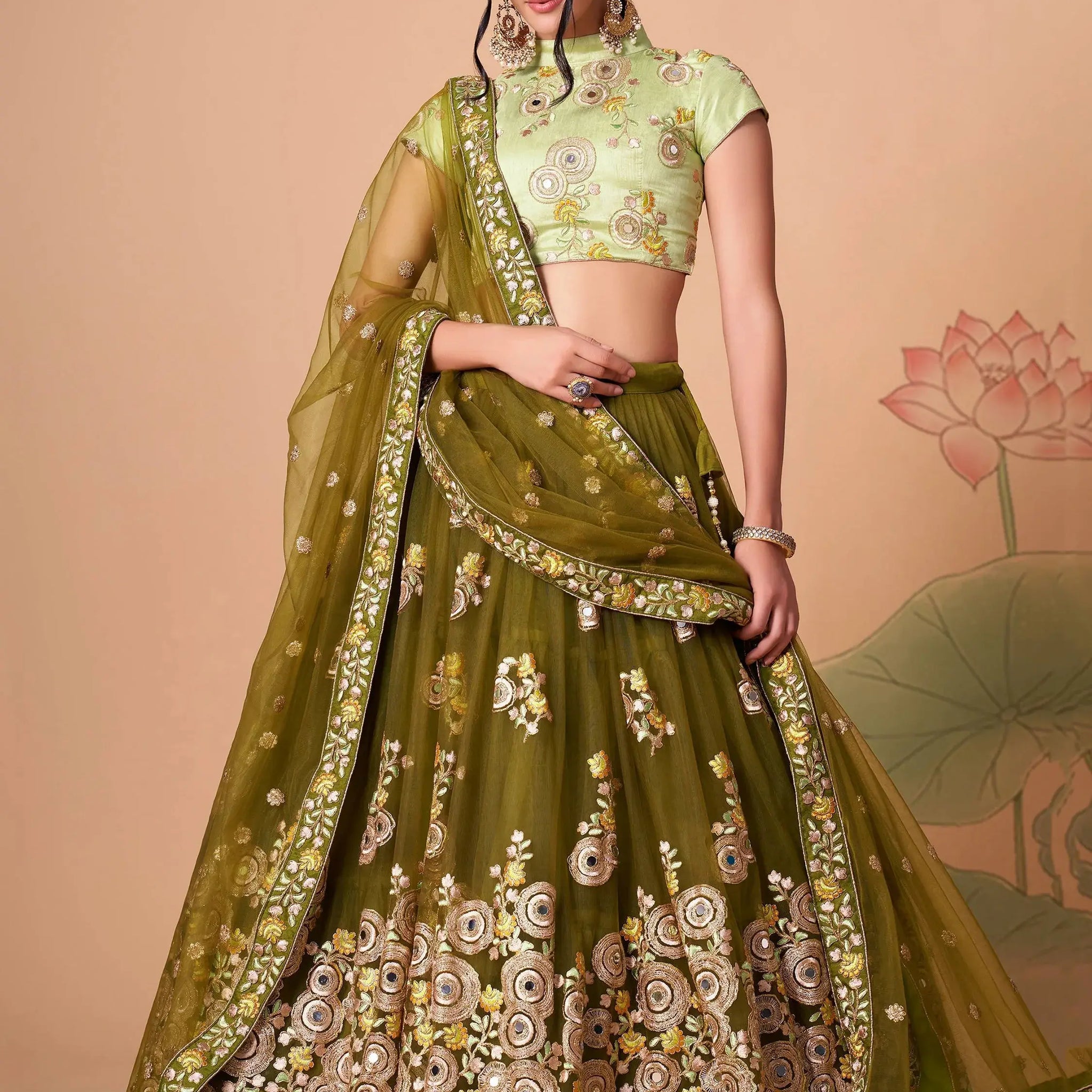 Splendid Olive Green Mirror Work Net Lehenga Choli With Dupatta - Zeel Clothing