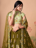Splendid Olive Green Mirror Work Net Lehenga Choli With Dupatta - Zeel Clothing