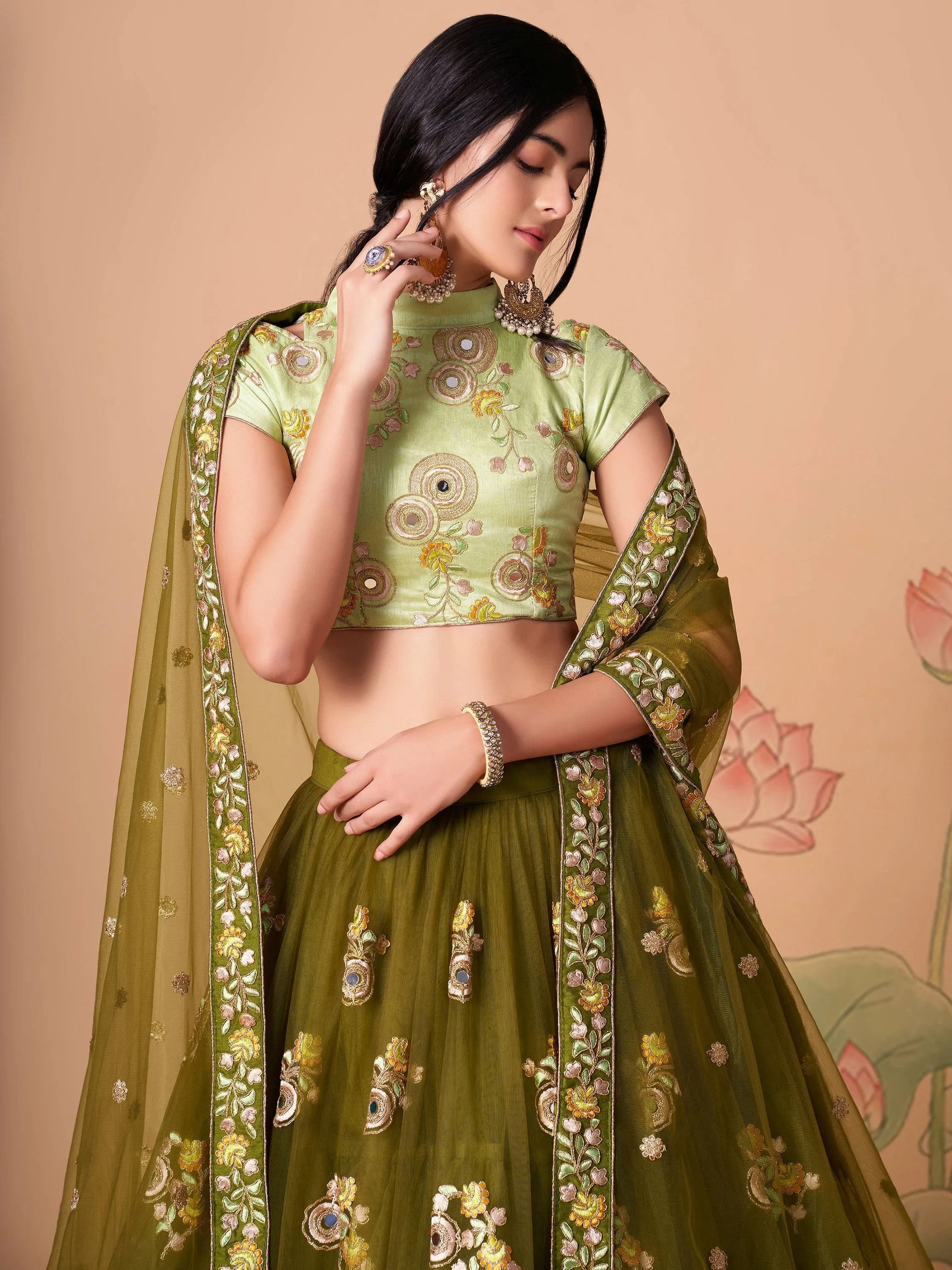 Splendid Olive Green Mirror Work Net Lehenga Choli With Dupatta - Zeel Clothing