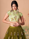 Splendid Olive Green Mirror Work Net Lehenga Choli With Dupatta - Zeel Clothing
