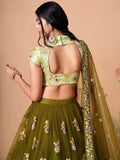 Splendid Olive Green Mirror Work Net Lehenga Choli With Dupatta - Zeel Clothing