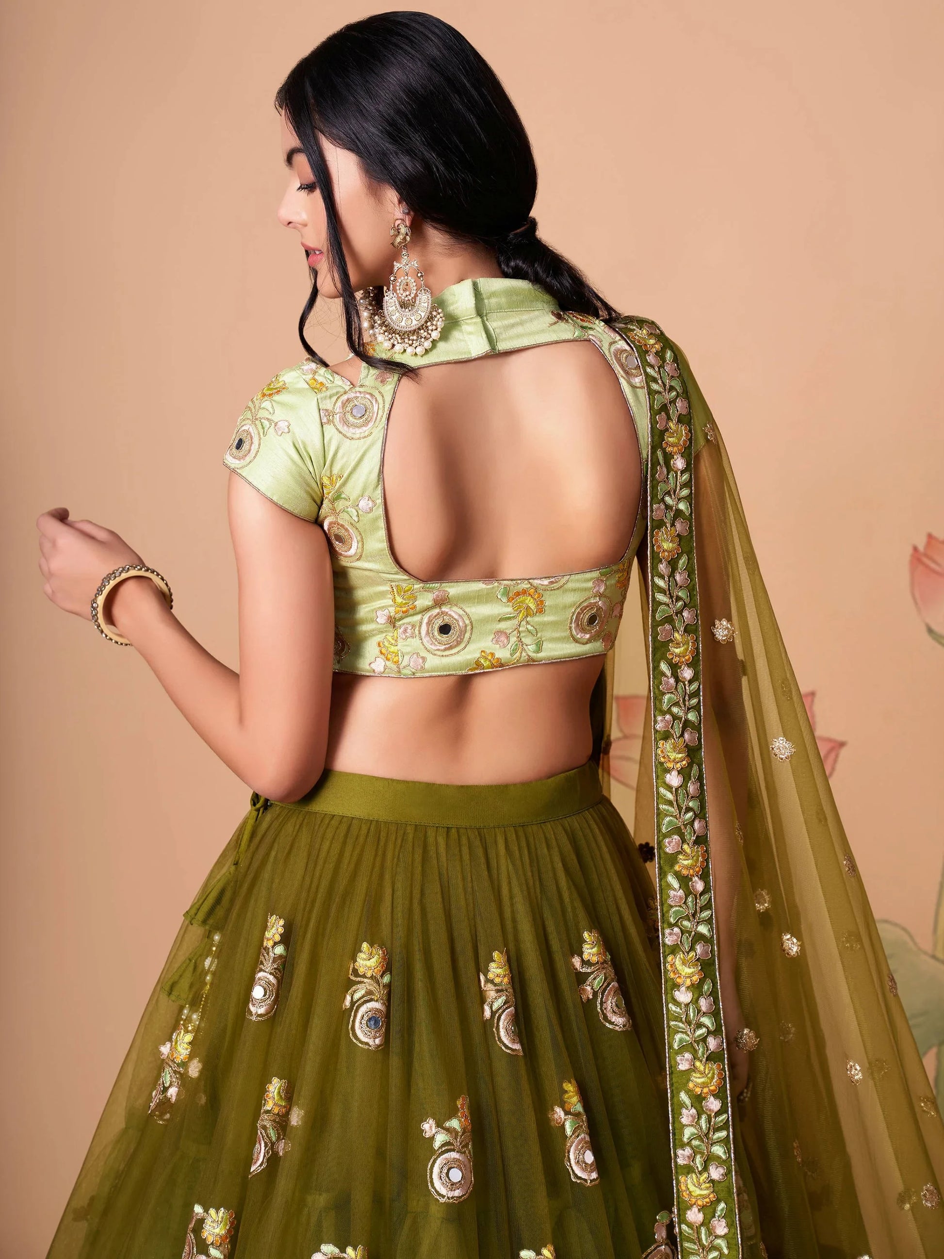 Splendid Olive Green Mirror Work Net Lehenga Choli With Dupatta - Zeel Clothing