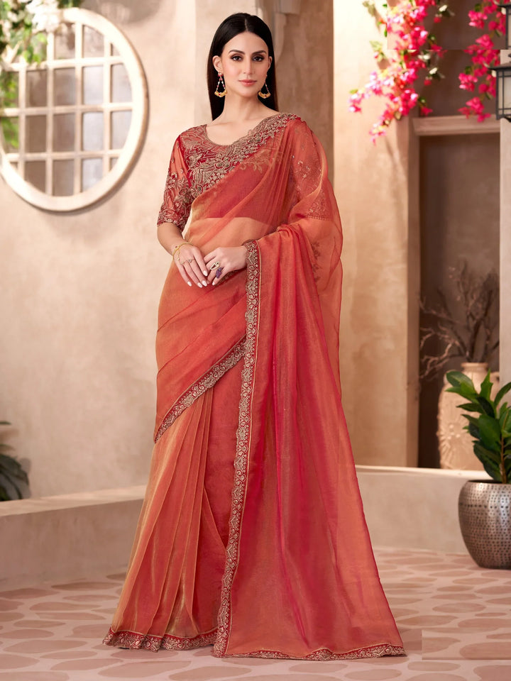 Splendid Orange Border Work Tissue Wedding Wear Saree With Blouse - Zeel Clothing