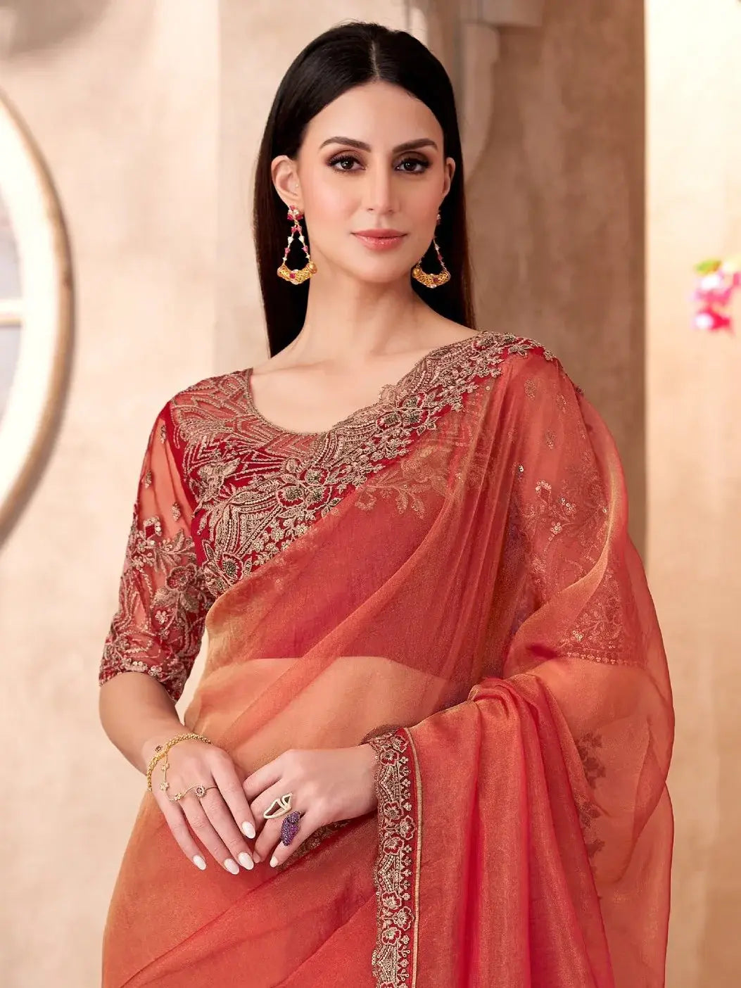 Splendid Orange Border Work Tissue Wedding Wear Saree With Blouse - Zeel Clothing