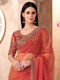 Splendid Orange Border Work Tissue Wedding Wear Saree With Blouse - Zeel Clothing
