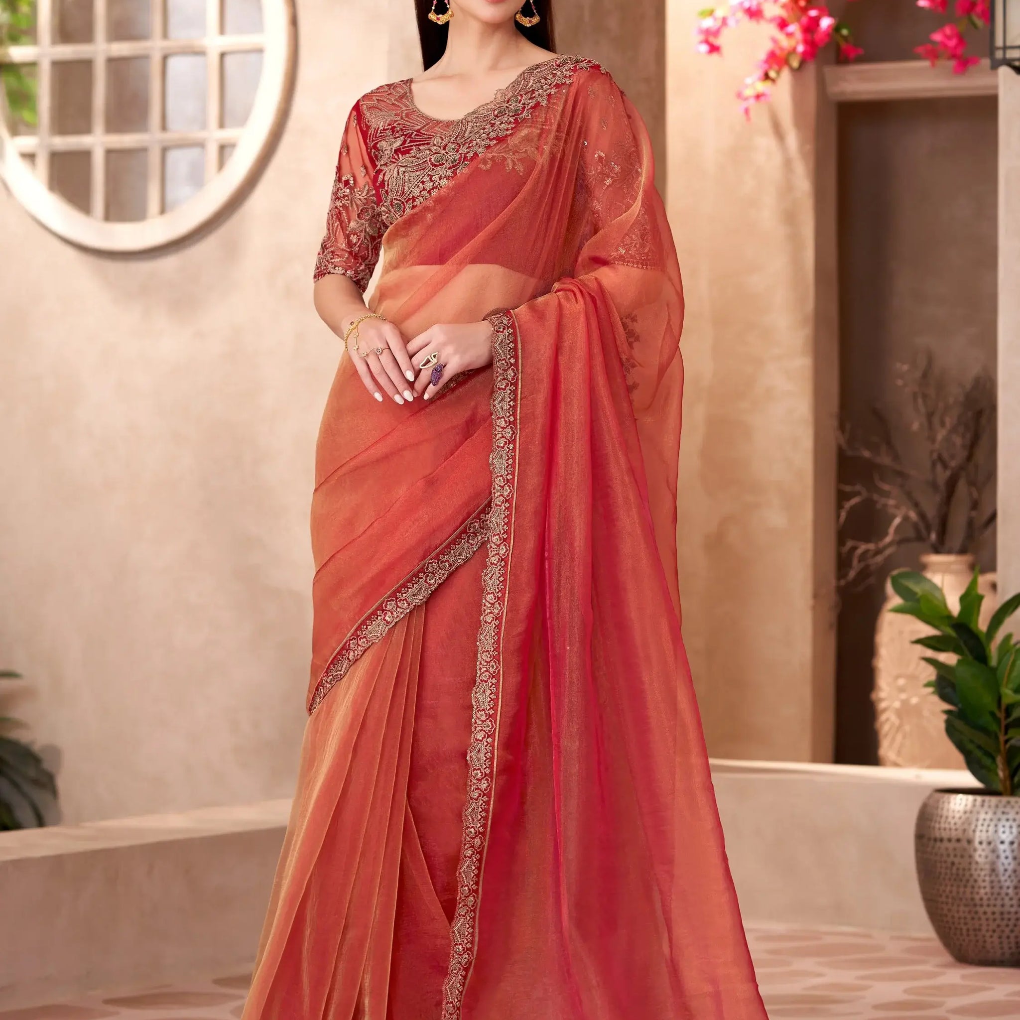 Splendid Orange Border Work Tissue Wedding Wear Saree With Blouse - Zeel Clothing