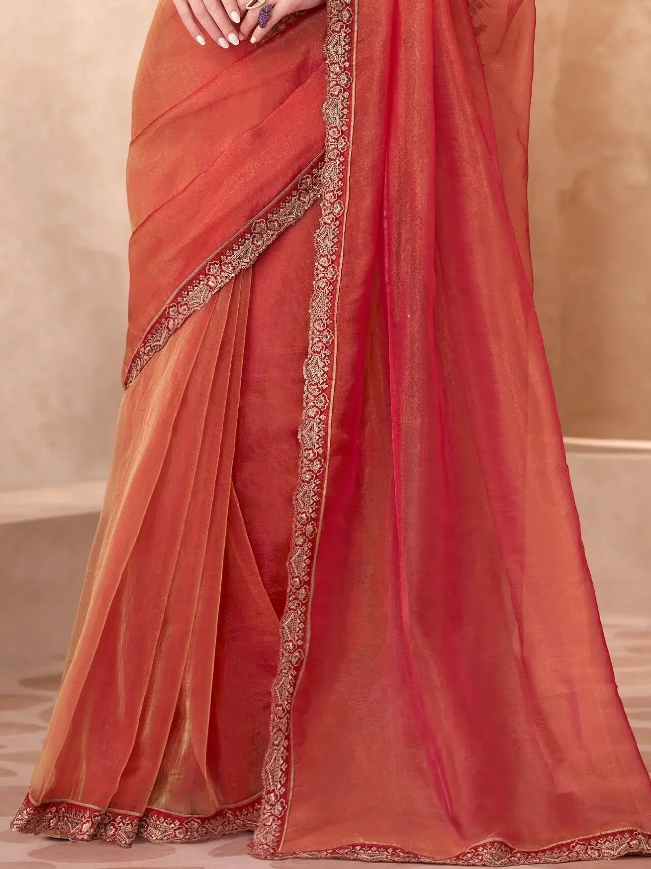 Splendid Orange Border Work Tissue Wedding Wear Saree With Blouse - Zeel Clothing