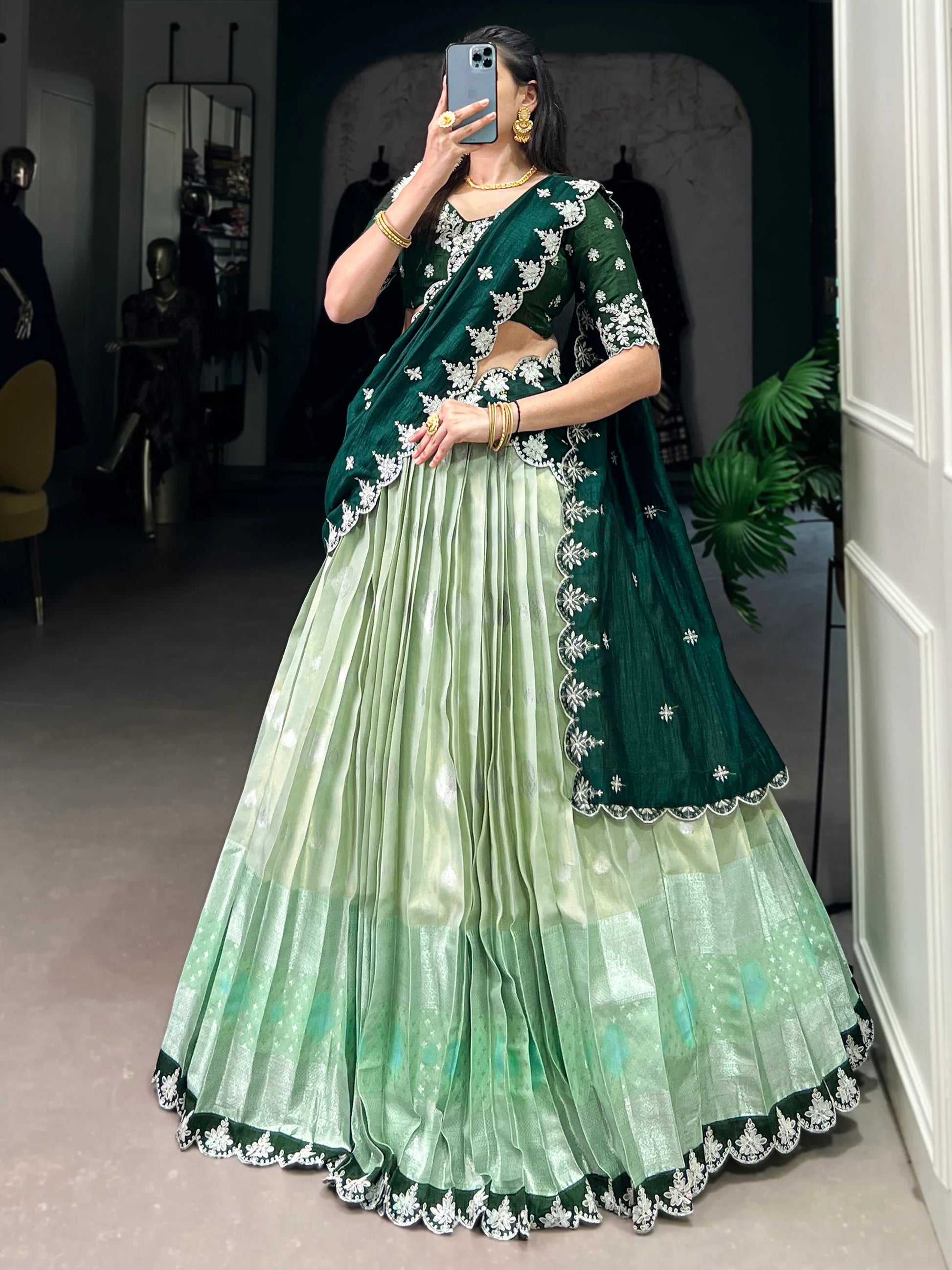 Splendid Pista Green Zari Weaving Silk Half Saree Lehenga Choli - Zeel Clothing