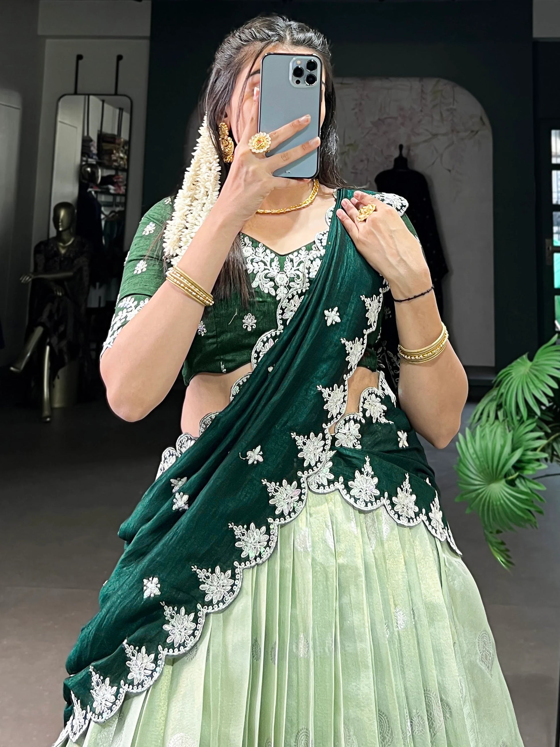 Splendid Pista Green Zari Weaving Silk Half Saree Lehenga Choli - Zeel Clothing