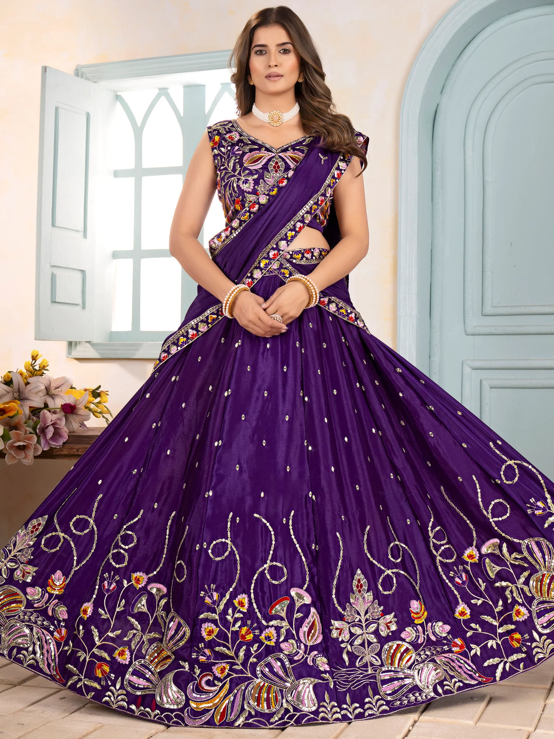 Splendid Purple Thread Embroidery Chinon Festive Wear Lehenga Choli