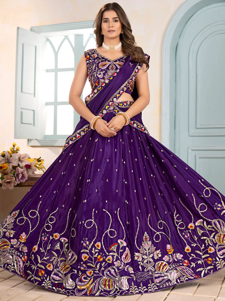 Splendid Purple Thread Embroidery Chinon Festive Wear Lehenga Choli