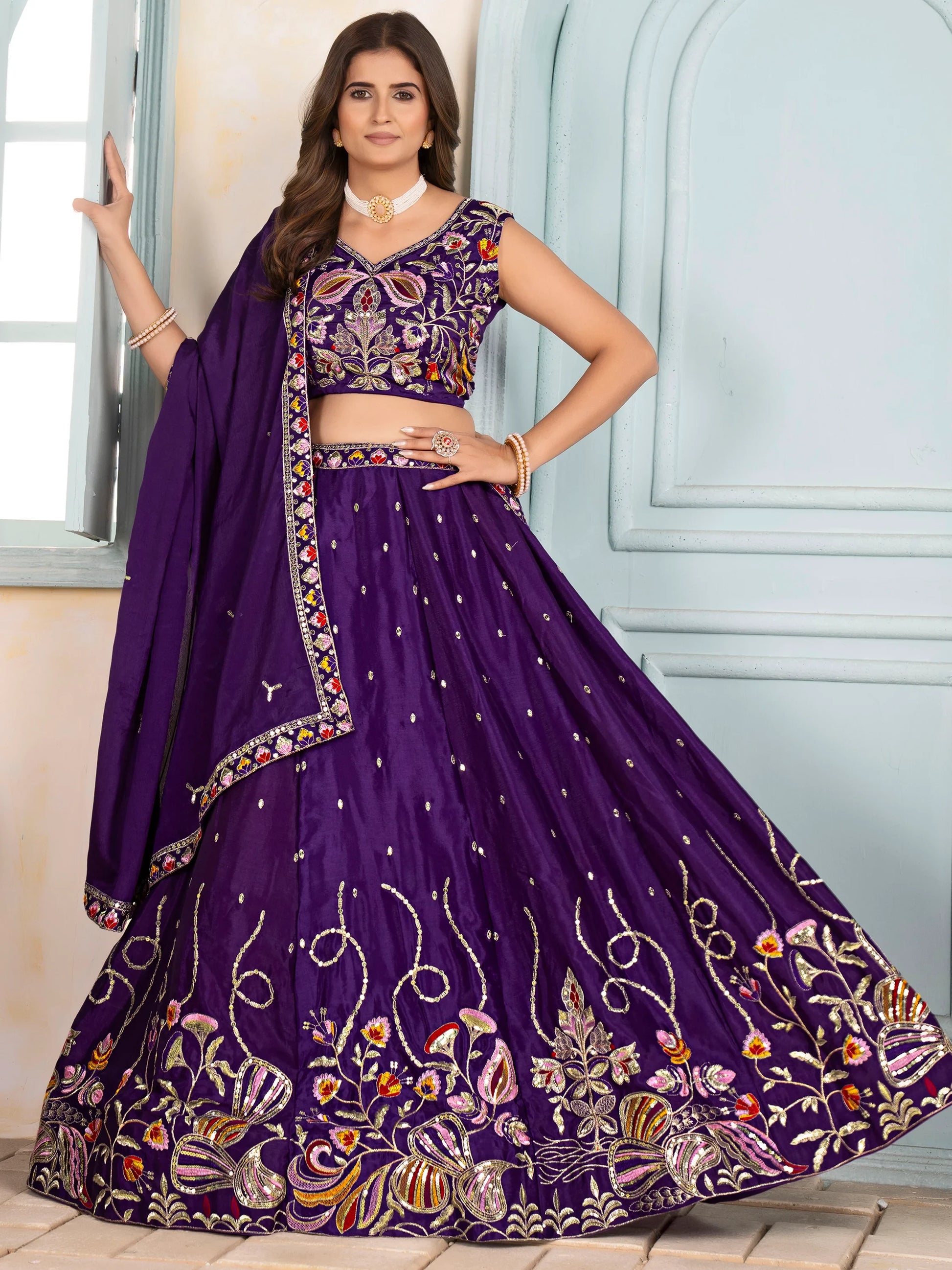 Splendid Purple Thread Embroidery Chinon Festive Wear Lehenga Choli