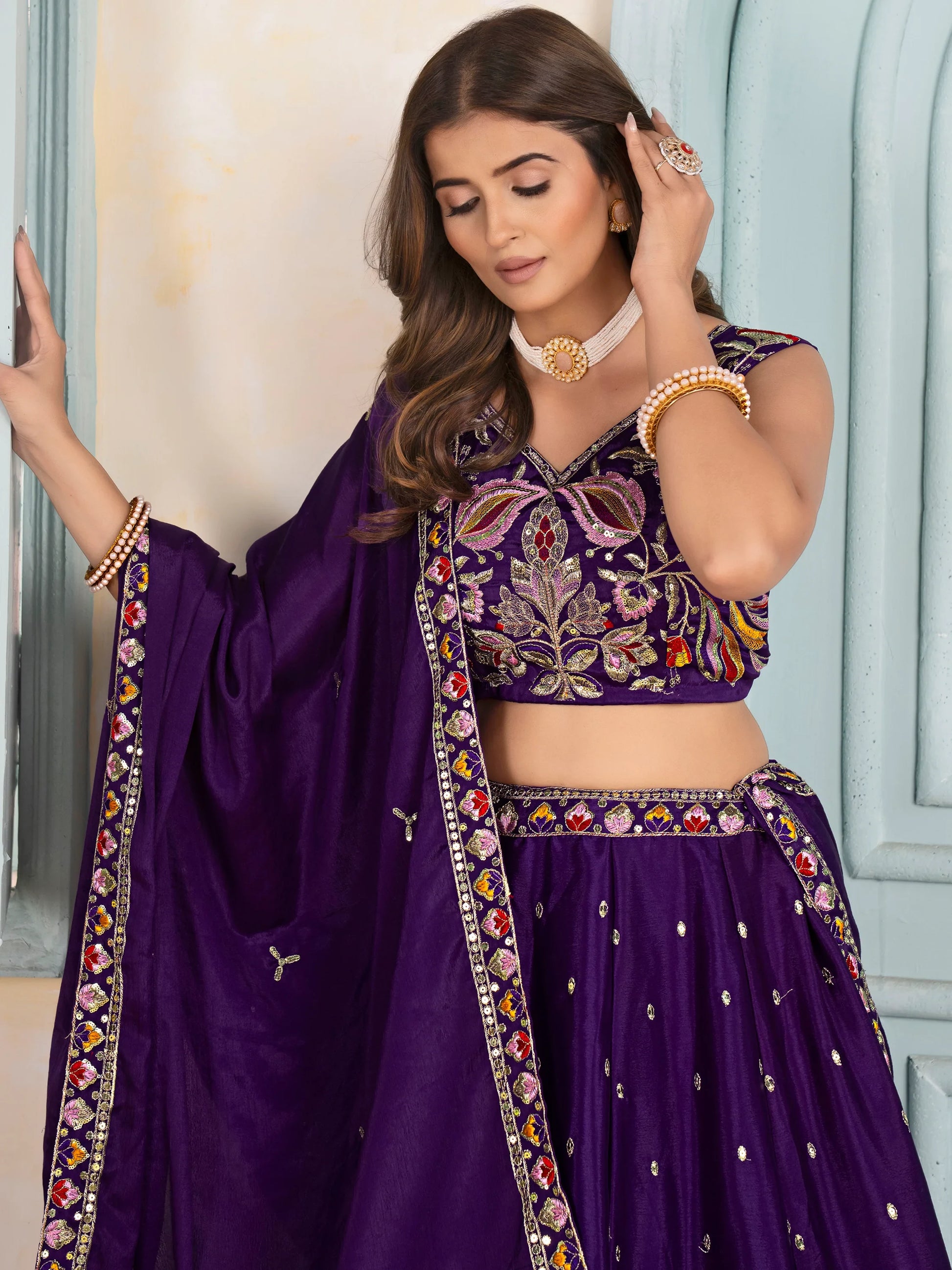 Splendid Purple Thread Embroidery Chinon Festive Wear Lehenga Choli