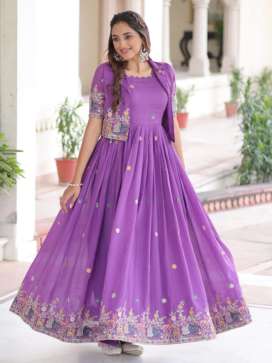 Splendid Purple Zari Embroidery Silk Festive Wear Gown With Jacket