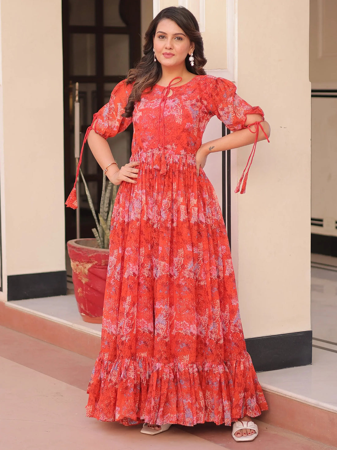 Splendid Red Floral Printed Georgette Casual Wear Gown - Zeel Clothing