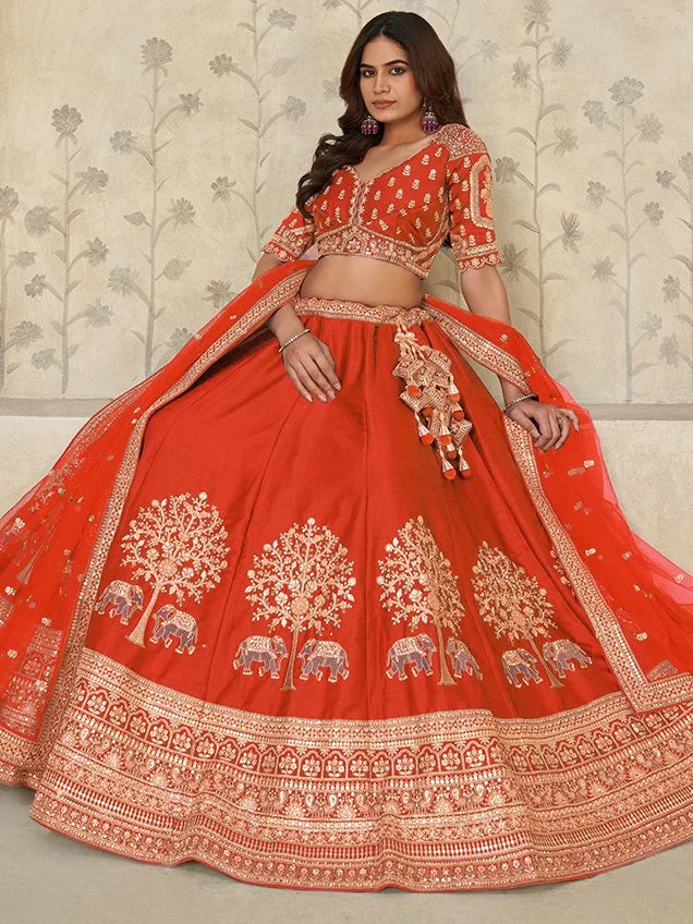 Splendid Rust Orange Sequins Silk Wedding Wear Lehenga Choli With Dupatta