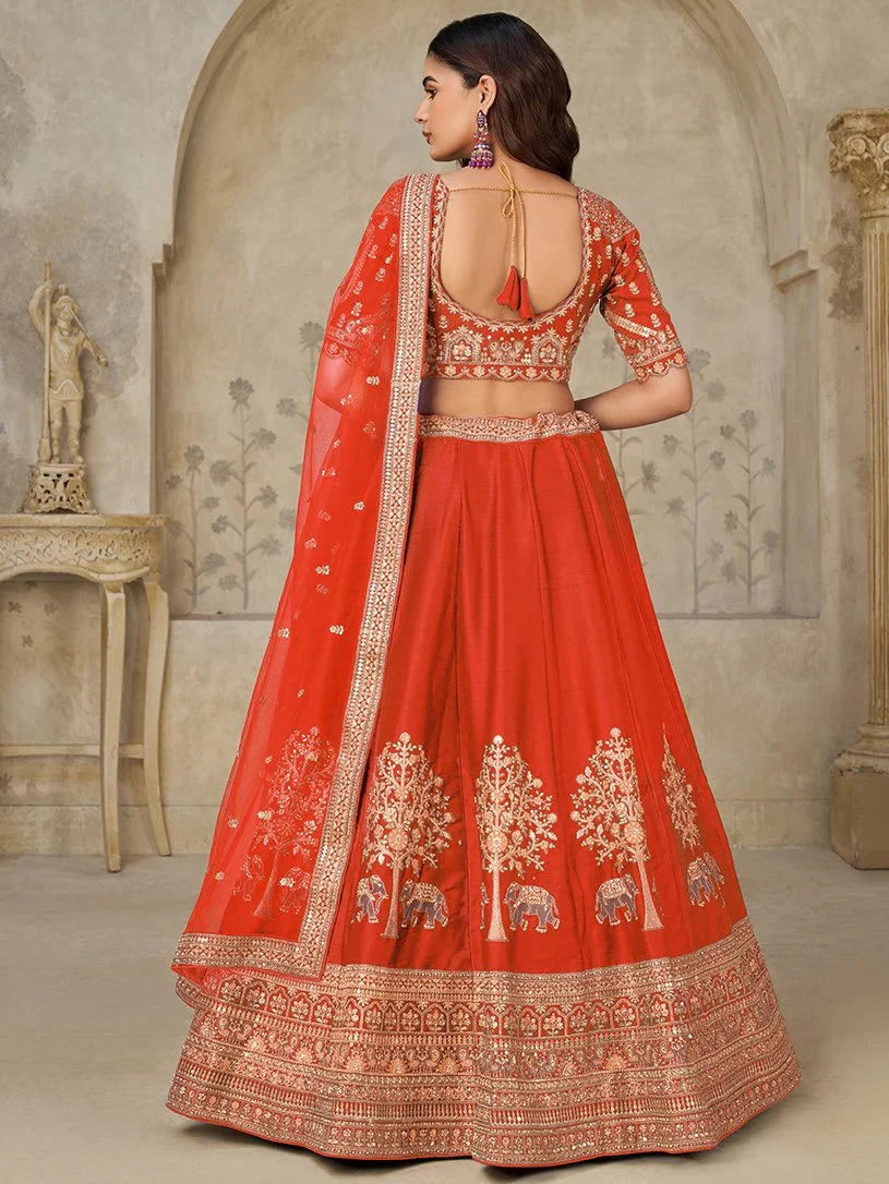 Splendid Rust Orange Sequins Silk Wedding Wear Lehenga Choli With Dupatta