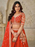 Splendid Rust Orange Sequins Silk Wedding Wear Lehenga Choli With Dupatta