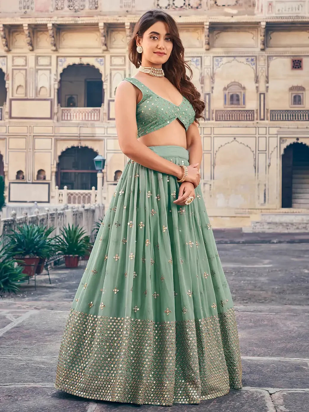 Splendid Sea Green Sequins Georgette Mehendi Wear Lehenga Choli - Zeel Clothing