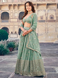 Splendid Sea Green Sequins Georgette Mehendi Wear Lehenga Choli - Zeel Clothing