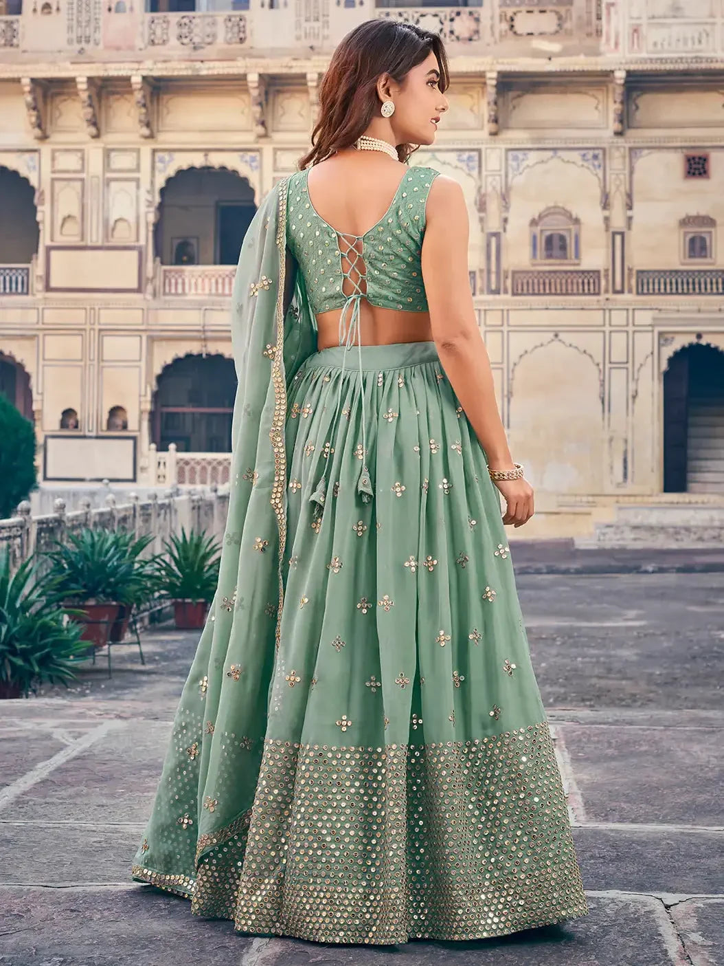 Splendid Sea Green Sequins Georgette Mehendi Wear Lehenga Choli - Zeel Clothing