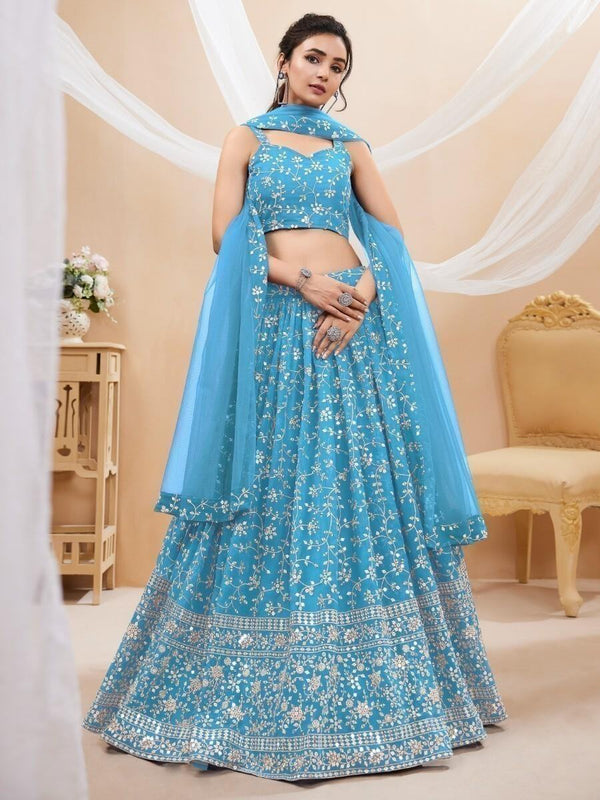 Splendid Sky-Blue Embroidered Georgette Sangeet Wear Lehenga Choli