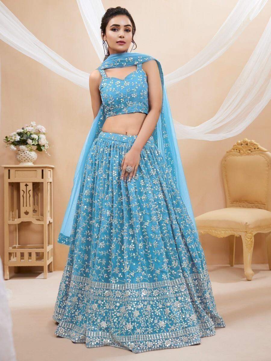 Splendid Sky-Blue Embroidered Georgette Sangeet Wear Lehenga Choli