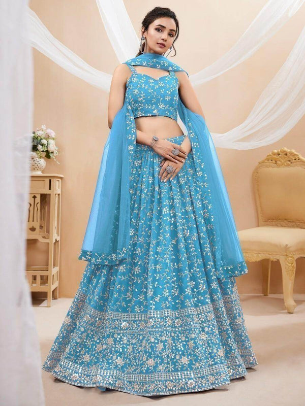 Splendid Sky-Blue Embroidered Georgette Sangeet Wear Lehenga Choli - Zeel Clothing
