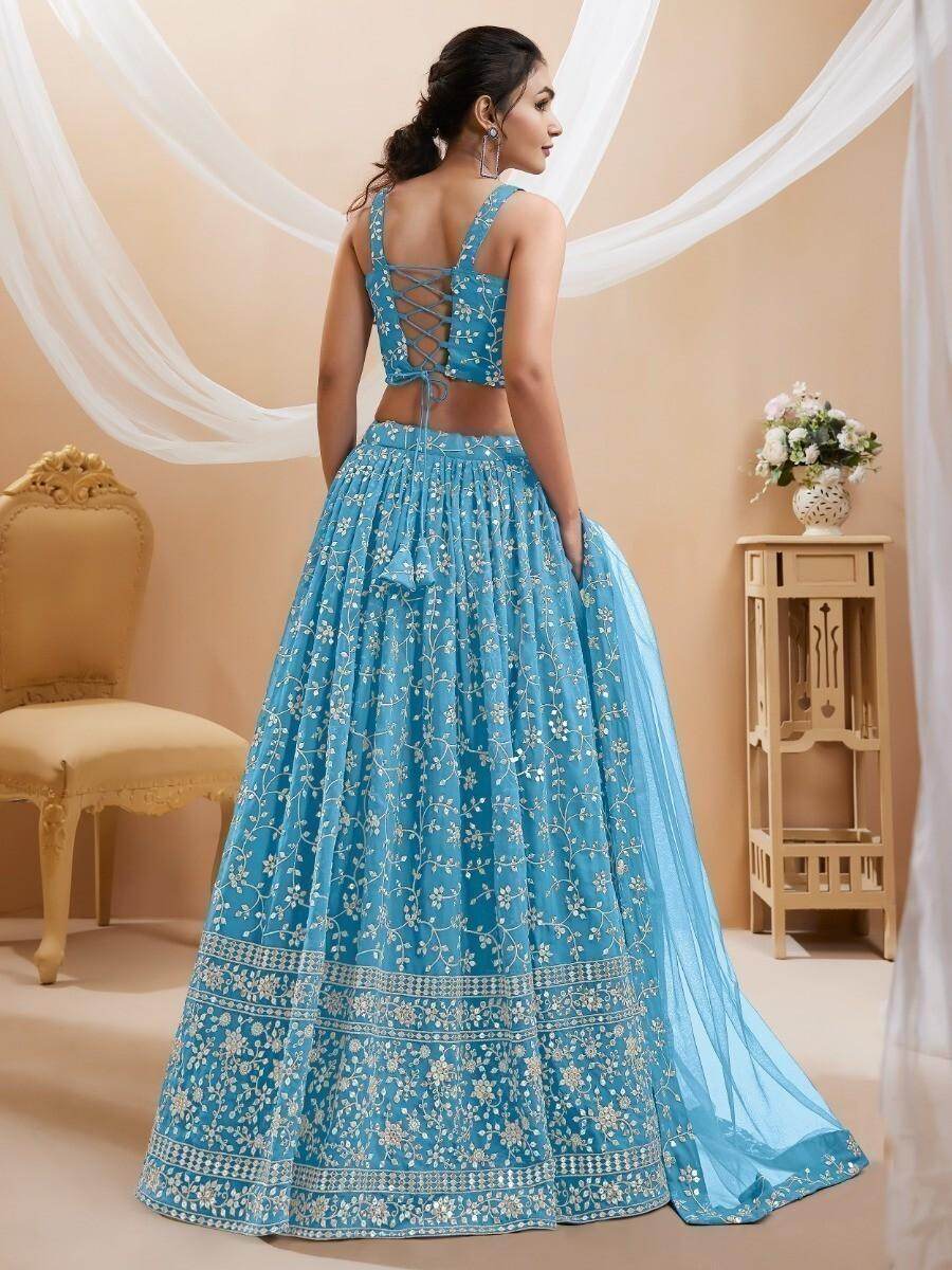 Splendid Sky-Blue Embroidered Georgette Sangeet Wear Lehenga Choli - Zeel Clothing