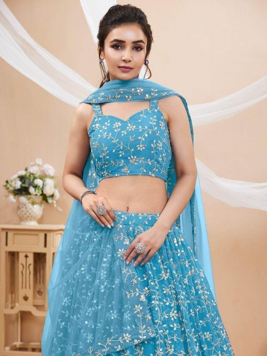 Splendid Sky-Blue Embroidered Georgette Sangeet Wear Lehenga Choli - Zeel Clothing