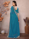 Splendid Teal Blue Embroidery Border Georgette Traditional Saree With Blouse - Zeel Clothing