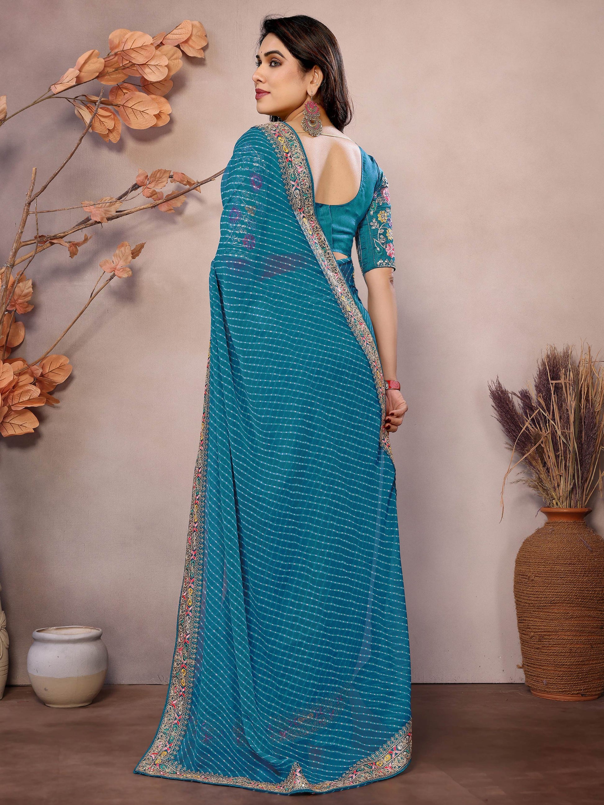 Splendid Teal Blue Embroidery Border Georgette Traditional Saree With Blouse - Zeel Clothing