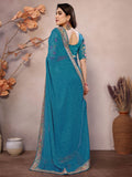 Splendid Teal Blue Embroidery Border Georgette Traditional Saree With Blouse - Zeel Clothing